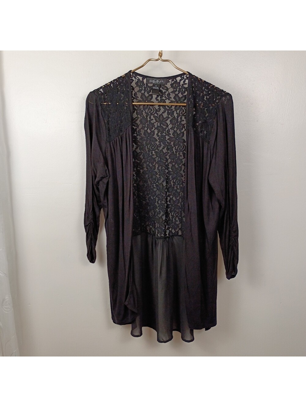 August Silk Dressy Womens Sz M Lightweight Cardigan Sheer Lace Panel Black